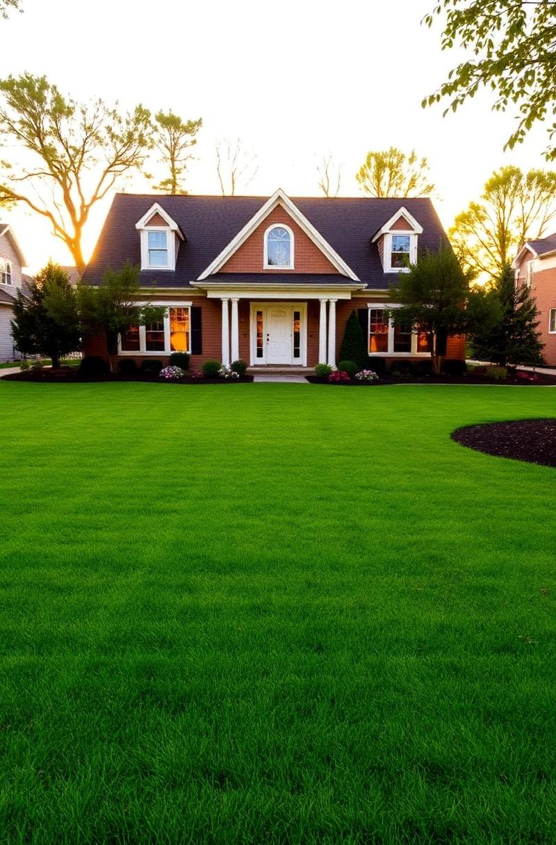Manicured front lawn at golden hour
